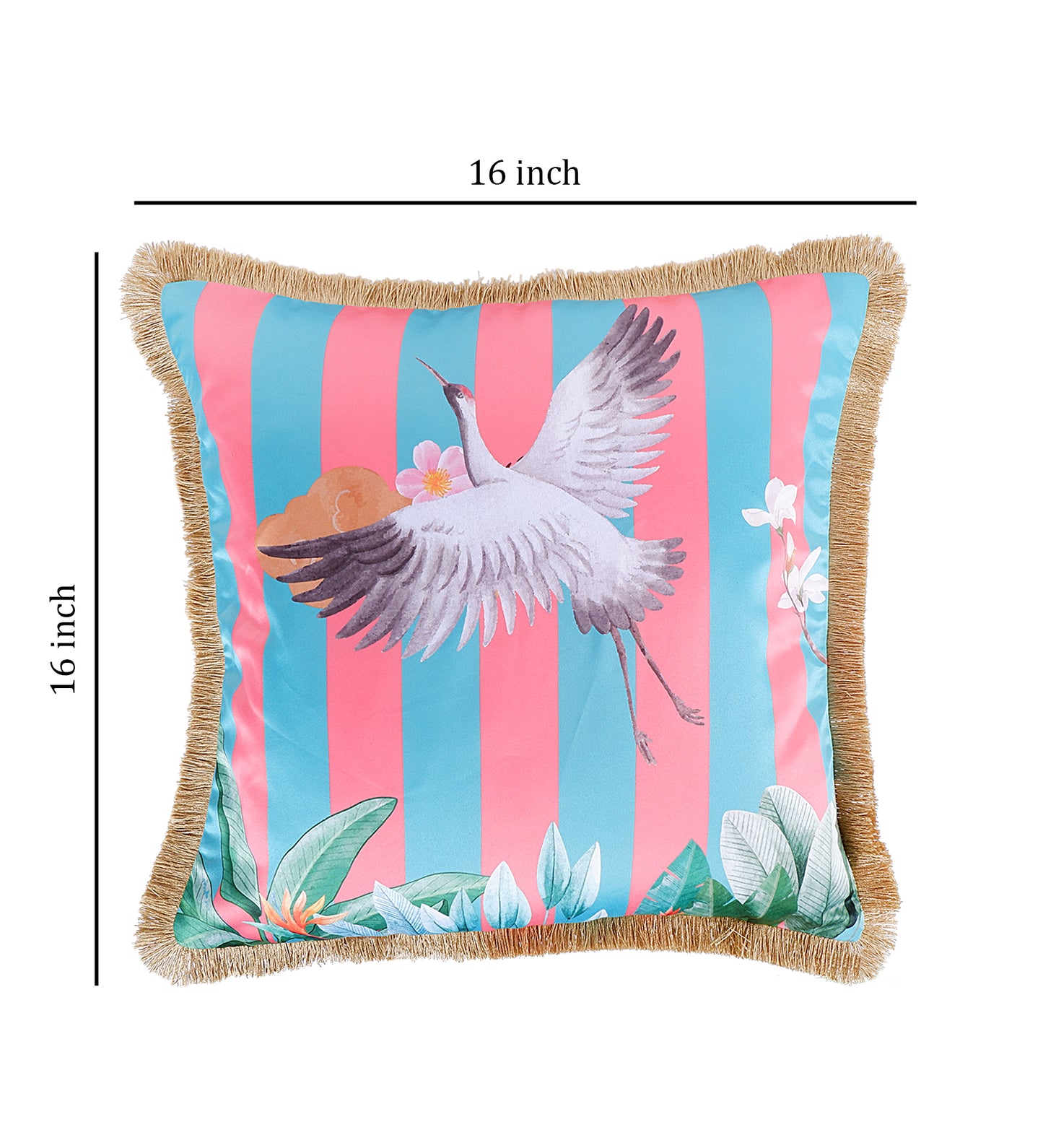 THE WHITE INK DECOR Premium Satin Blue Stripes Print Cushion Cover with Fringe Edging and Concealed . Decorative Throw Pillow Covers for Sofa. Primary Colors are Pink and Blue