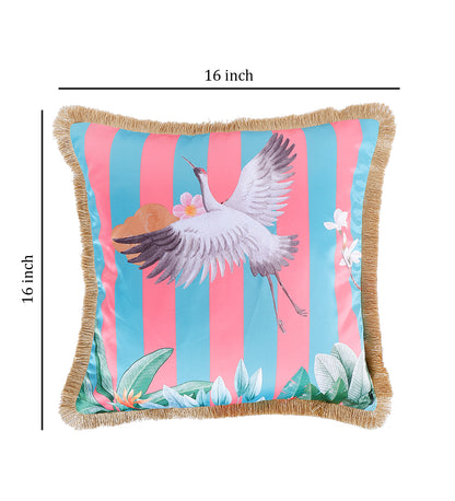 THE WHITE INK DECOR Premium Satin Blue Stripes Print Cushion Cover with Fringe Edging and Concealed . Decorative Throw Pillow Covers for Sofa. Primary Colors are Pink and Blue