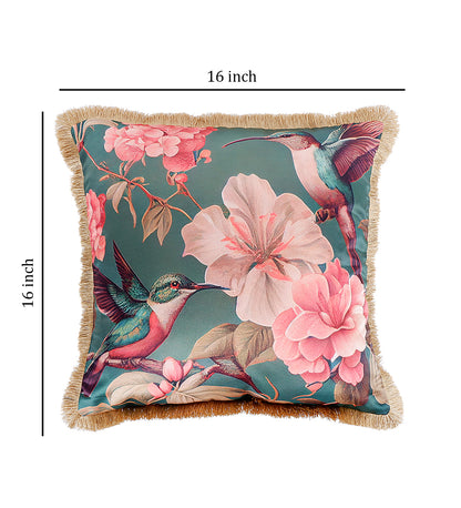 THE WHITE INK DECOR Premium Satin Prismatic Floral Print Cushion Cover with Fringe Edging and Concealed  Lifestyle