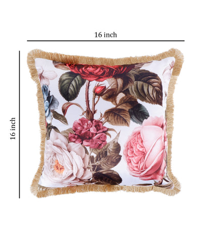 THE WHITE INK DECOR Premium Satin Scintillating Floral Print Cushion Cover with Fringe Edging and Concealed . Decorative Throw Pillow Covers for Sofa