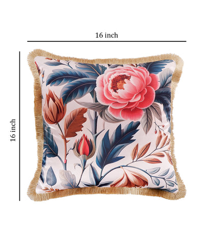 THE WHITE INK DECOR Indigo Motif with a Delicate Floral Border fine Satin Cushion Cover with Fringe Edging and Concealed  Lifestyle Rose