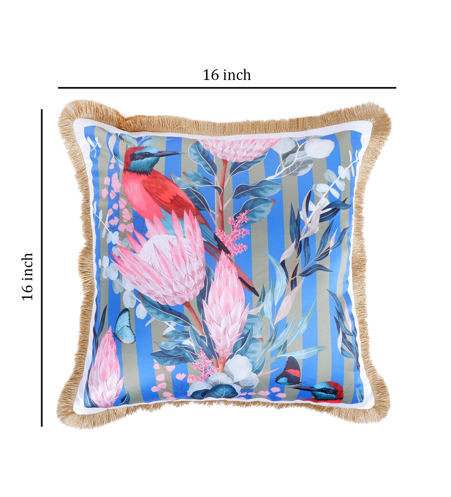 THE WHITE INK DECOR Tropical Paradise: Premium Satin Cushion Cover with Fringe Edging . Decorative Throw Pillow Covers for Sofa. Blue