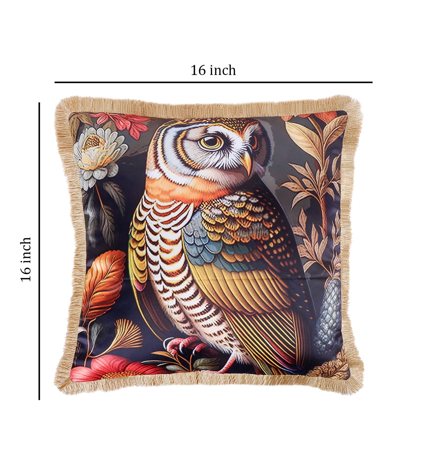 THE WHITE INK DECOR Tropical Paradise: Premium Satin Cushion Cover with Fringe Edging . Decorative Throw Pillow Covers for Sofa. Owl