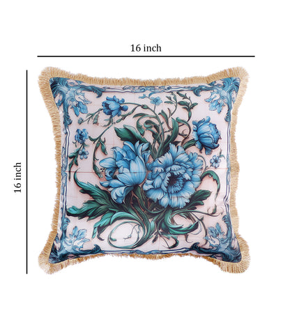 THE WHITE INK DECOR Premium Satin Floral Print Cushion Cover with Fringe Edging and Concealed  Lifestyle 163