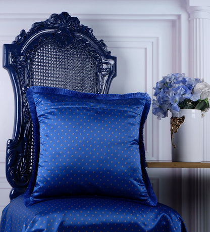 THE WHITE INK DECOR fine Satin Delicate Floral Border Cushion Cover with Blue Fringe Edging and Concealed  Lifestyle 226