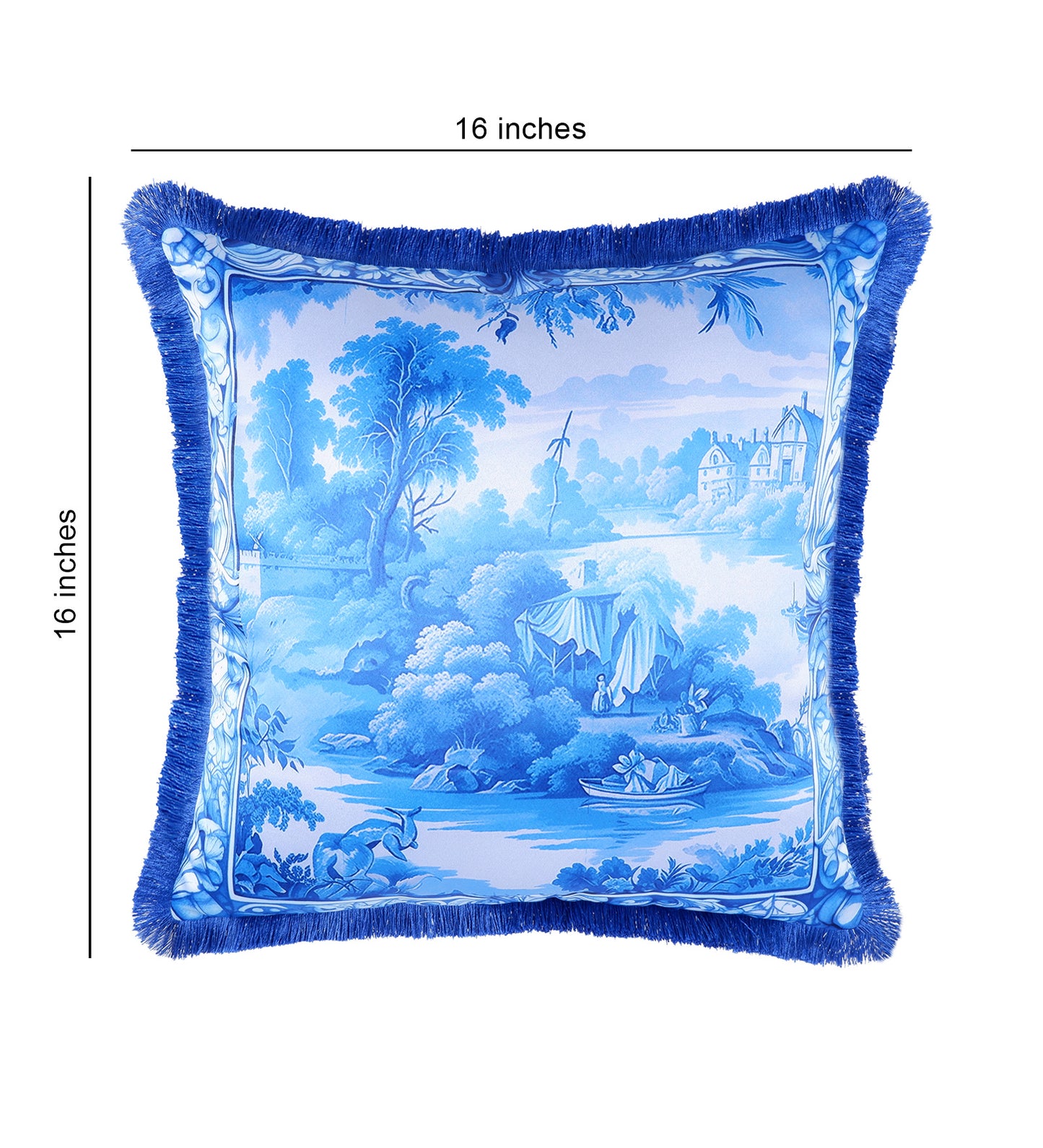 THE WHITE INK DECOR Indigo Motif with a Delicate Floral Border fine Satin Cushion Cover with Fringe Edging and Concealed