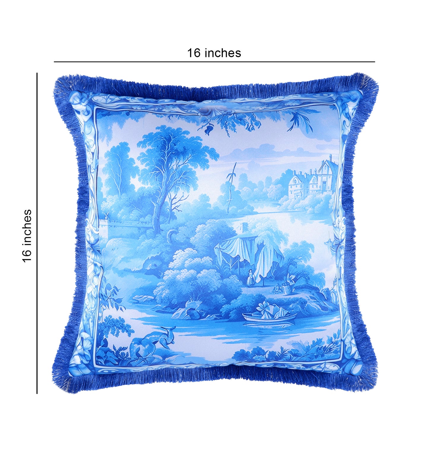 THE WHITE INK DECOR fine Satin Delicate Floral Border Cushion Cover with Blue Fringe Edging and Concealed  Lifestyle 227