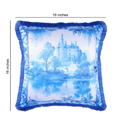 THE WHITE INK DECOR fine Satin Delicate Floral Border Cushion Cover with Blue Fringe Edging and Concealed  Lifestyle 231