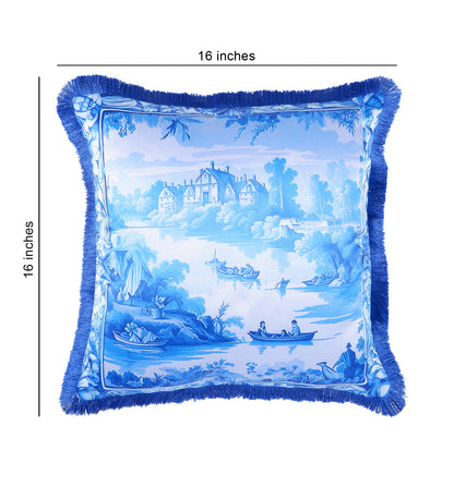 THE WHITE INK DECOR fine Satin Delicate Floral Border Cushion Cover with Blue Fringe Edging and Concealed  Lifestyle 230