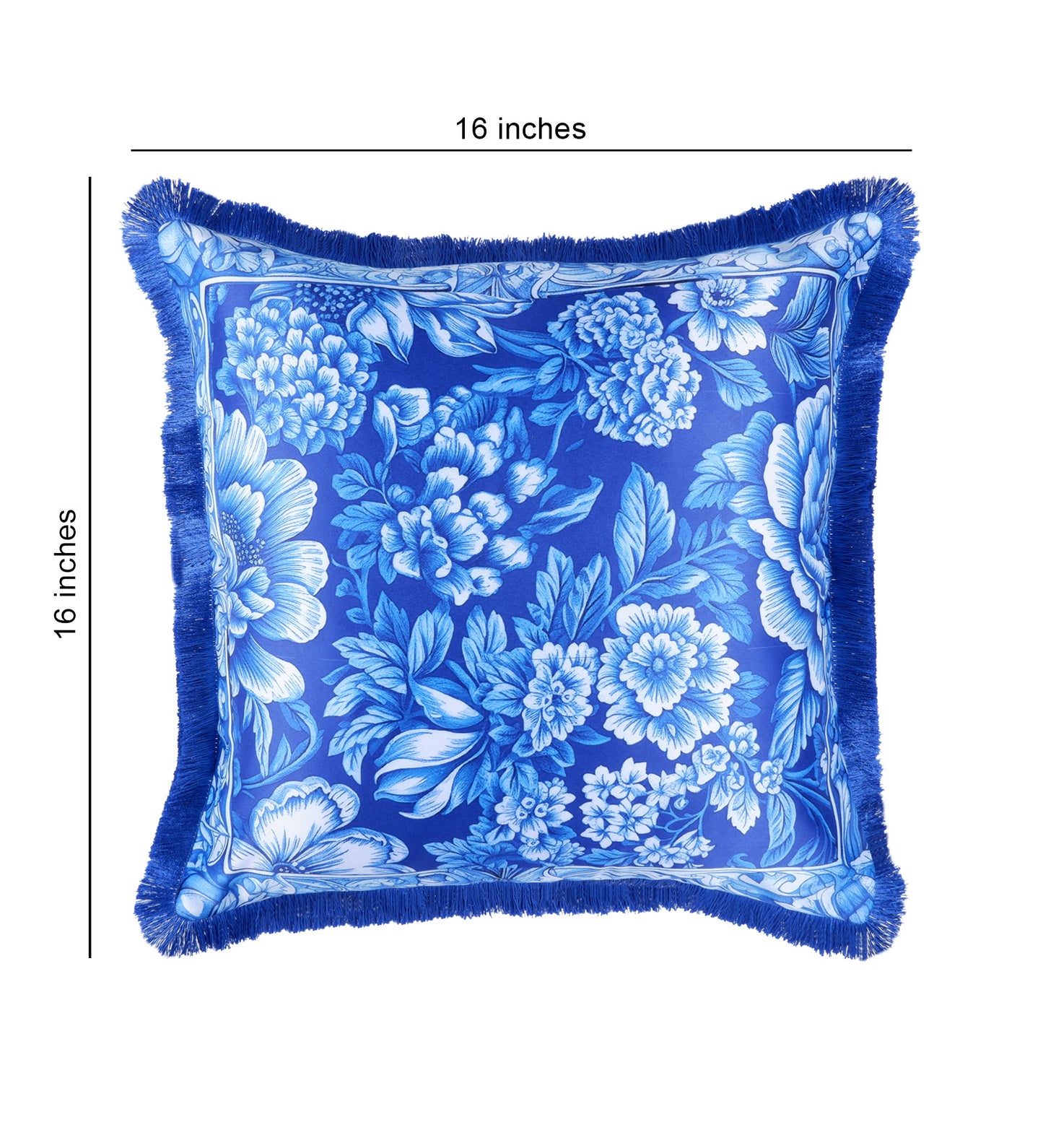 THE WHITE INK DECOR fine Satin Delicate Floral Border Cushion Cover with Blue Fringe Edging and Concealed  Lifestyle 233