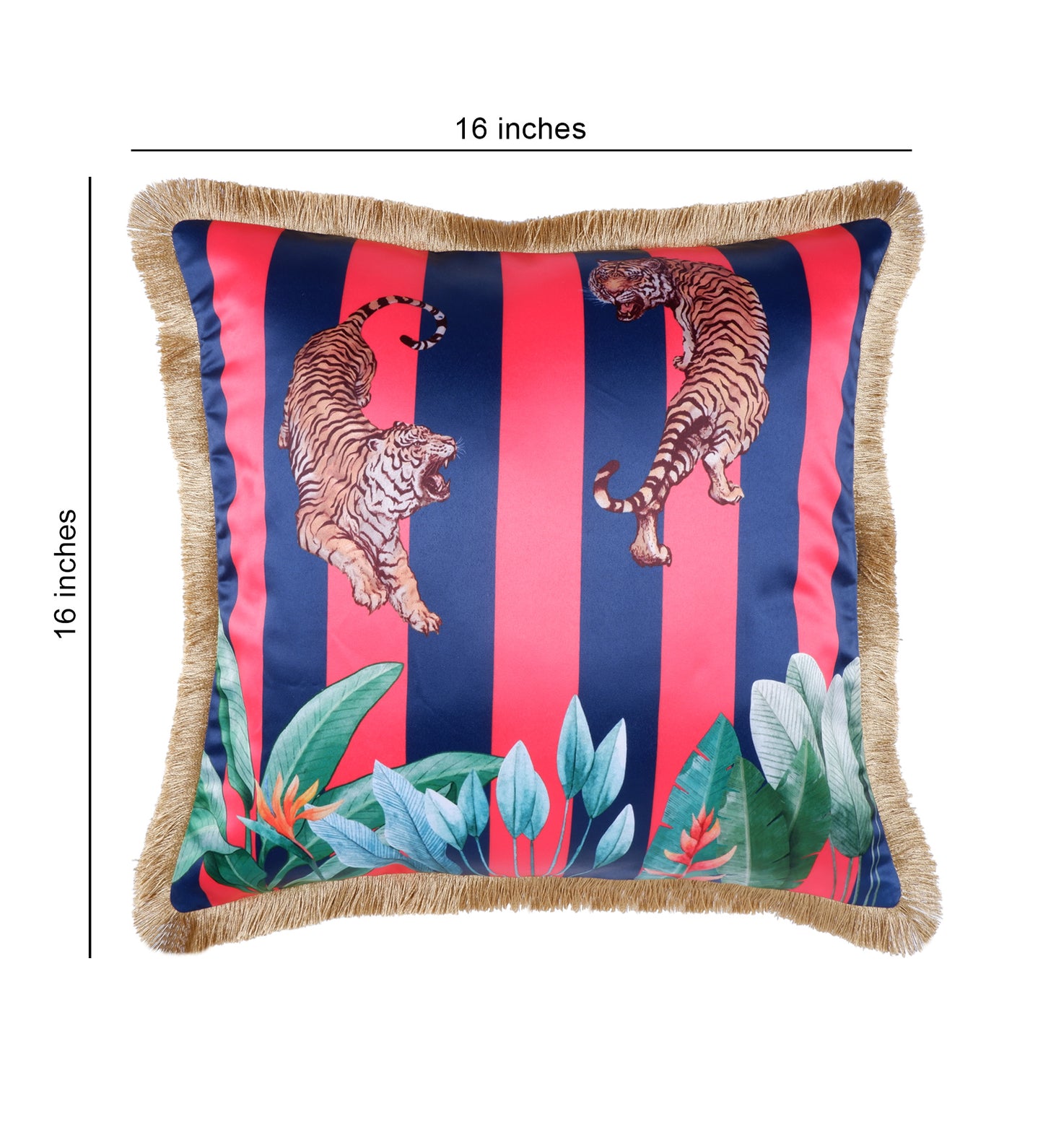 THE WHITE INK DECOR Satin Tropical Print Cushion Cover with Gold Fringe. Decorative Throw Pillow Covers for Sofa. Primary Colors are Red and Blue 234