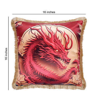 THE WHITE INK DECOR Dragon Paradise: Premium Satin Cushion Cover with Fringe Edging. Decorative Throw Pillow Covers for Sofa. Primary Colors are Beige and Blue