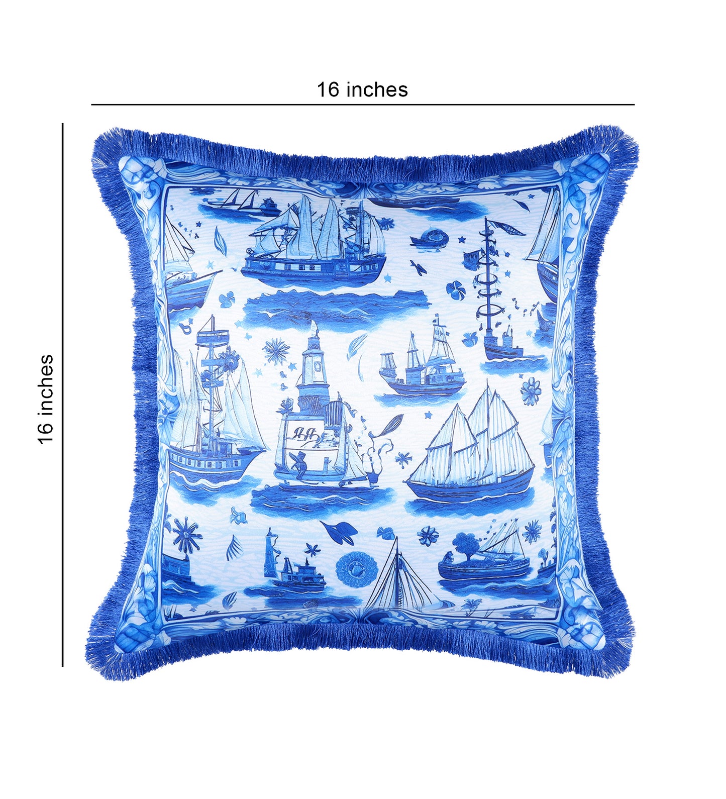 THE WHITE INK DECOR Indigo Motif fine Satin Cushion Cover with Fringe Edging and Concealed. Decorative Throw Pillow Covers for Sofa. Primary Colors are White and Blue 214