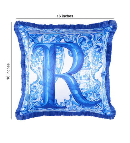 THE WHITE INK DECOR Quintessence of Elegance: Indigo Story Fine Satin Cushion Cover - Letter R Lifestyle