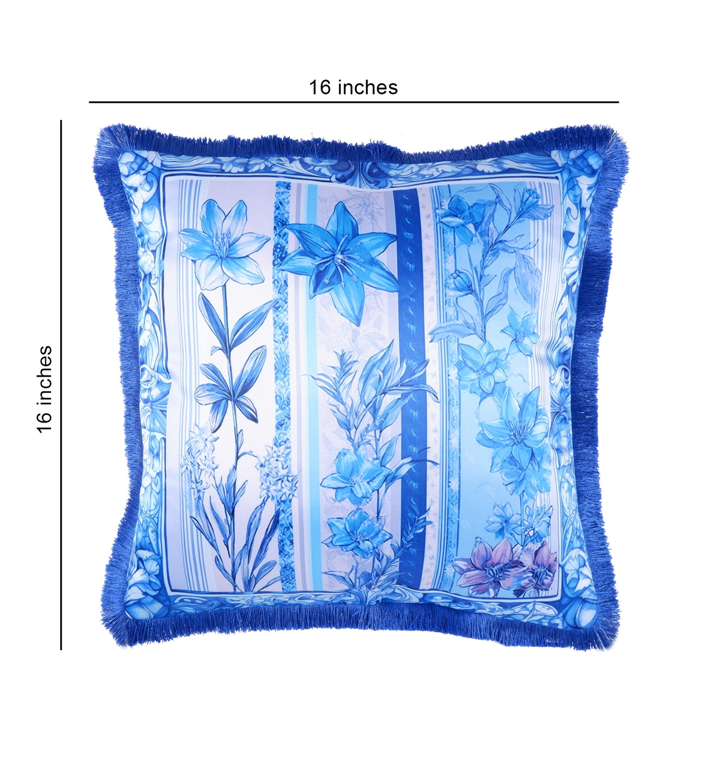 THE WHITE INK DECOR fine Satin Delicate Floral Border Cushion Cover with Blue Fringe Edging and Concealed  Lifestyle 232