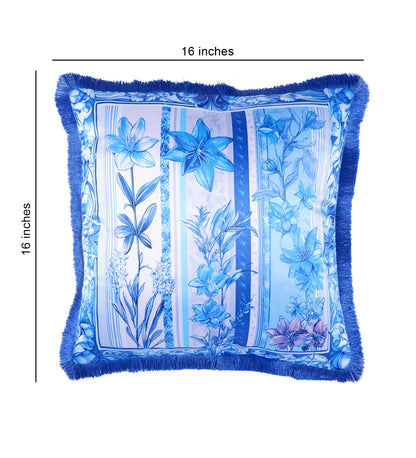 THE WHITE INK DECOR fine Satin Delicate Floral Border Cushion Cover with Blue Fringe Edging and Concealed  Lifestyle 232