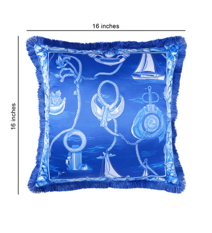 THE WHITE INK DECOR Indigo Motif fine Satin Cushion Cover with Fringe Edging and Concealed. Decorative Throw Pillow Covers for Sofa. Primary Colors are White and Blue 218