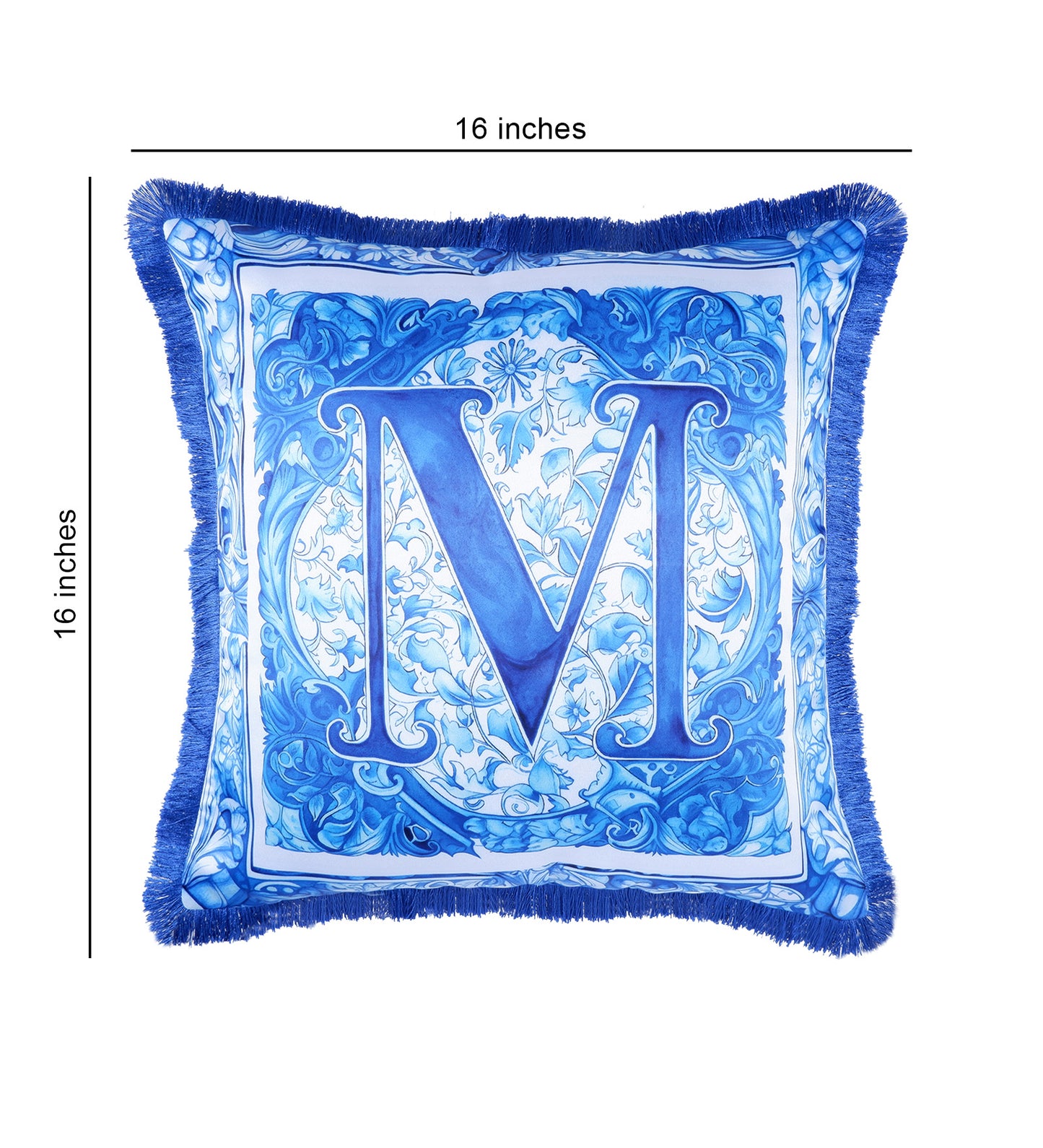 THE WHITE INK DECOR Premium Satin Cushion Cover Crafted with Fringe Edging and Concealed Letter M