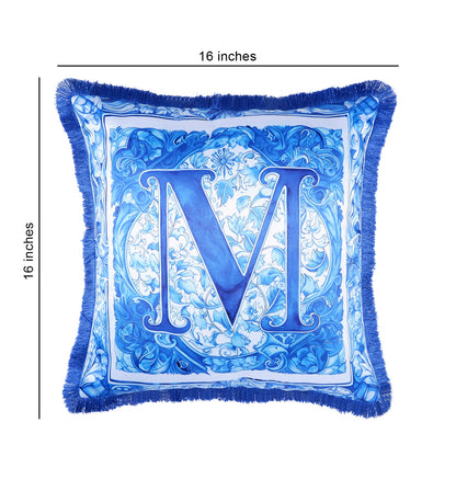 THE WHITE INK DECOR Premium Satin Cushion Cover Crafted with Fringe Edging and Concealed Letter M