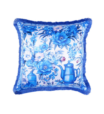 THE WHITE INK DECOR fine Satin Delicate Floral Border Cushion Cover with Blue Fringe Edging and Concealed  Lifestyle 229