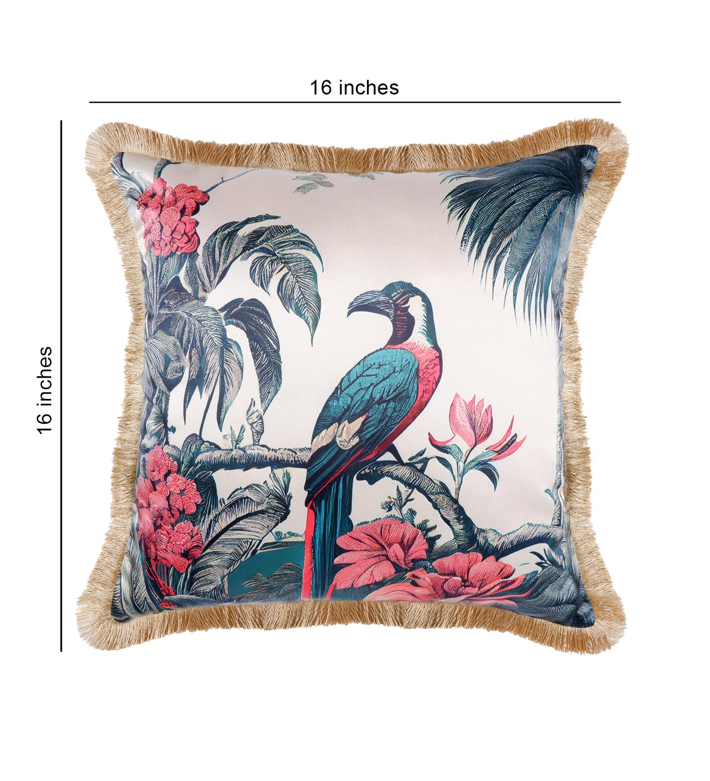 THE WHITE INK DECOR Premium Satin myst Tropical Print Cushion Cover with Fringe Edging and Concealed . Decorative Throw Pillow Covers for Sofa, Green 241