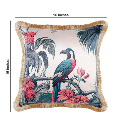 THE WHITE INK DECOR Premium Satin myst Tropical Print Cushion Cover with Fringe Edging and Concealed . Decorative Throw Pillow Covers for Sofa, Green 241