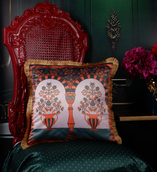 THE WHITE INK DECOR Premium Satin Royal Imperial Printed Cushion Cover with Fringe Edging and Concealed Lifestyle