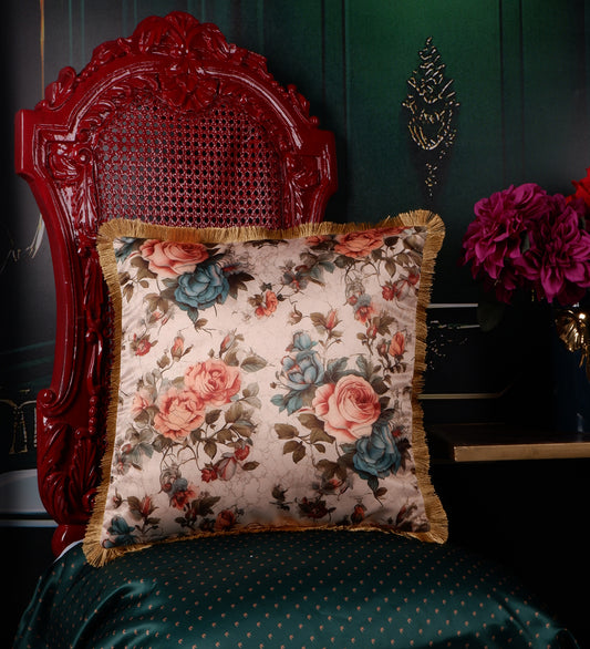 THE WHITE INK DECOR Premium Satin Royal Imperial Printed Cushion Cover with Fringe Edging and Concealed  Lifestyle