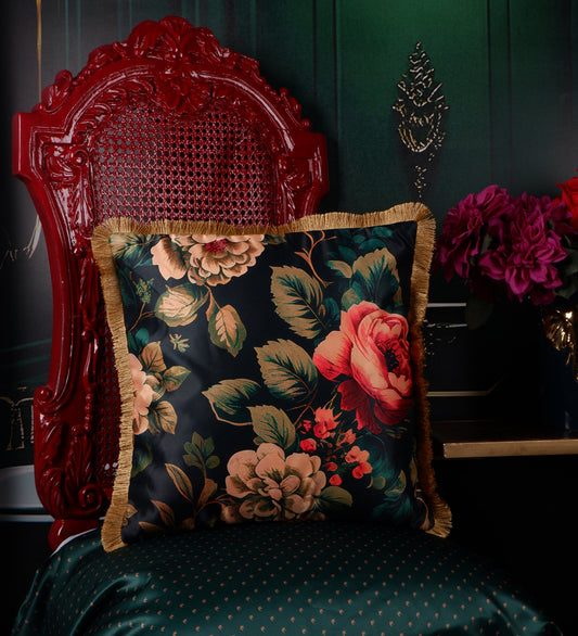 THE WHITE INK DECOR Indigo Motif with a Delicate Floral Border fine Satin Cushion Cover with Fringe Edging and Concealed  Lifestyle Dark and Green