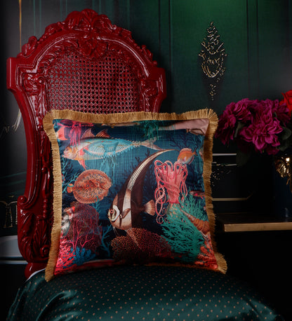 THE WHITE INK DECOR Premium Satin Royal Imperial Printed Cushion Cover with Fringe Edging and Concealed  Lifestyle