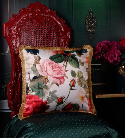 THE WHITE INK DECOR Premium Satin Prismatic Floral Print Cushion Cover with Fringe Edging and Concealed  Lifestyle