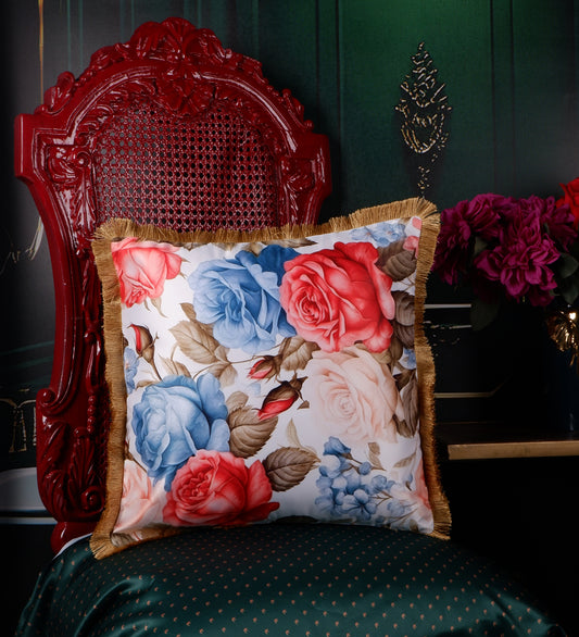 THE WHITE INK DECOR Premium Satin Florel Printed Cushion Cover with Fringe Edging and Concealed Lifestyle