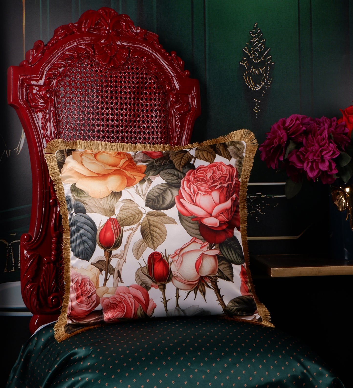 THE WHITE INK DECOR Premium Satin Floral Printed Cushion Cover with Fringe Edging and Concealed  Lifestyle