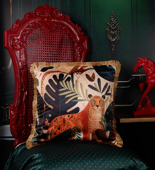 THE WHITE INK DECOR Premium Satin Leopard Printed Cushion Cover with Fringe Edging and Concealed  Lifestyle