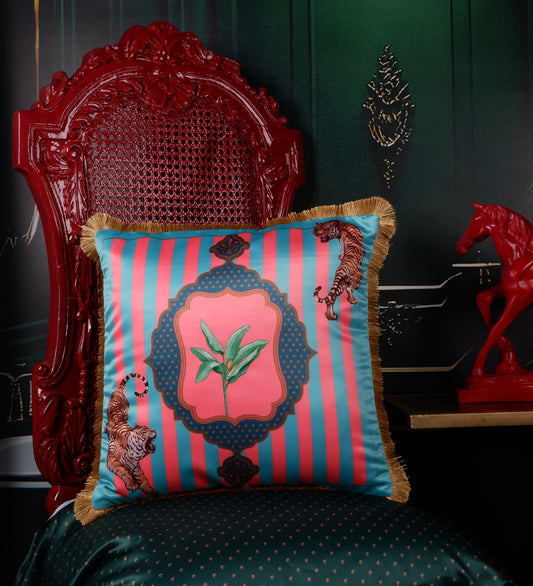 THE WHITE INK DECOR Premium Satin Royal Imperial Printed Cushion Cover with Fringe Edging and Concealed  Lifestyle