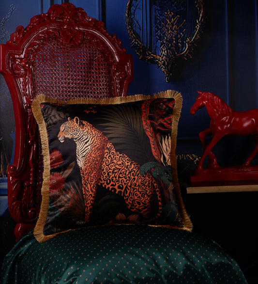 THE WHITE INK DECOR Premium Satin Leopard Printed Cushion Cover with Fringe Edging and Concealed  Lifestyle