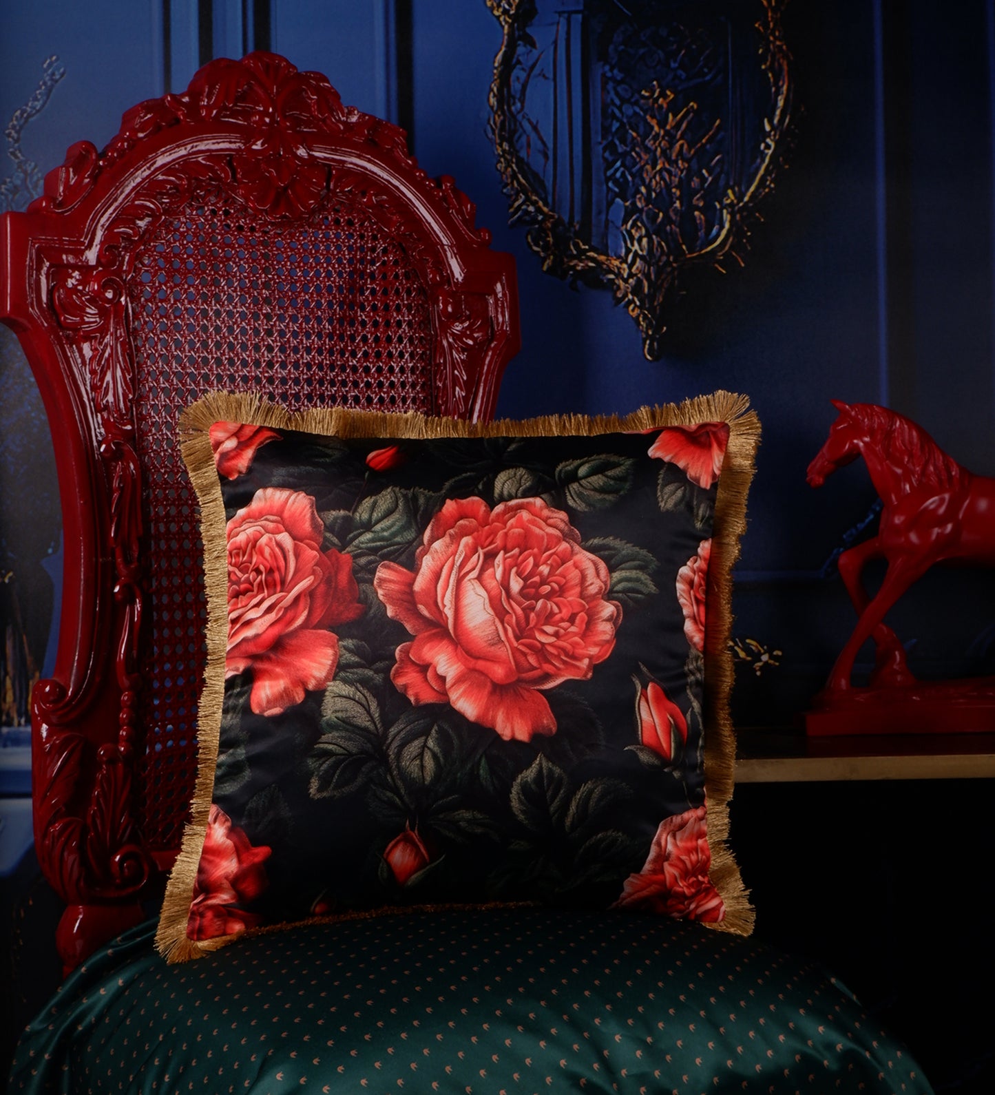 THE WHITE INK DECOR Indigo Motif with a Delicate Floral Border fine Satin Cushion Cover with Fringe Edging and Concealed  Lifestyle Dark