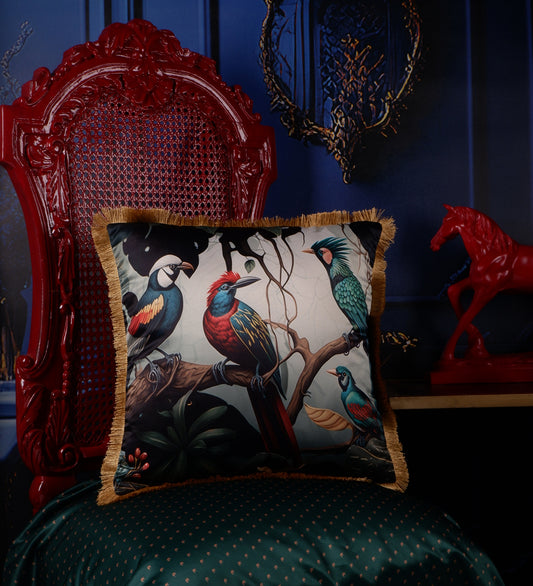 THE WHITE INK DECOR Premium Satin Blue Bird Print Cushion Cover