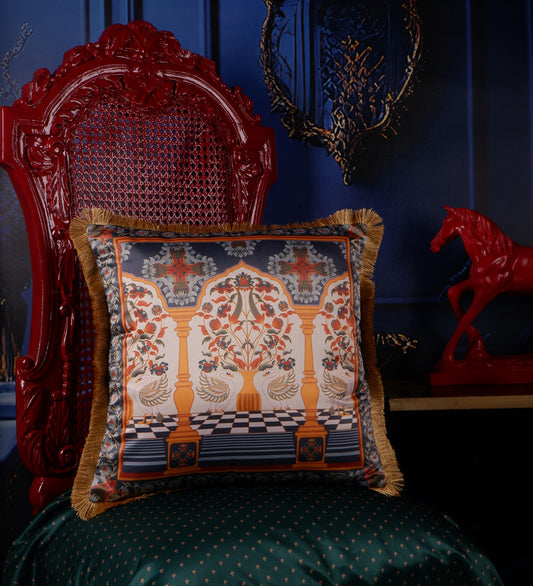 THE WHITE INK DECOR Premium Satin Royal Imperial Printed Cushion Cover with Fringe Edging and Concealed  Lifestyle