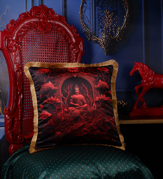 THE WHITE INK DECOR Premium Satin Royal Antic Printed Cushion Cover with Fringe Edging and Concealed  Lifestyle