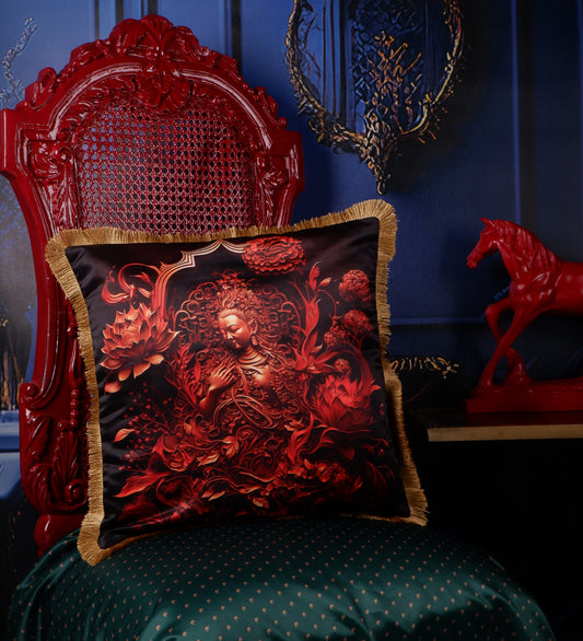 THE WHITE INK DECOR Premium Satin Antic Printed Cushion Cover with Fringe Edging and Concealed  Lifestyle