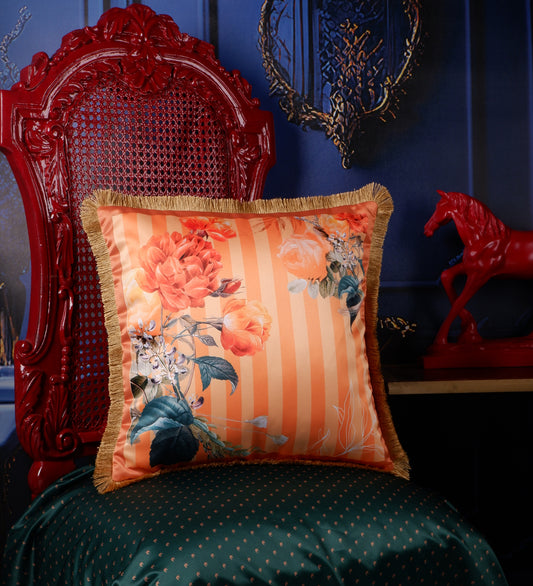 THE WHITE INK DECOR Premium Satin Prismatic Floral Print Cushion Cover with Fringe Edging and Concealed  Lifestyle