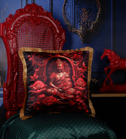 THE WHITE INK DECOR Premium Satin Buddha Printed Cushion Cover with Fringe Edging and Concealed  Lifestyle