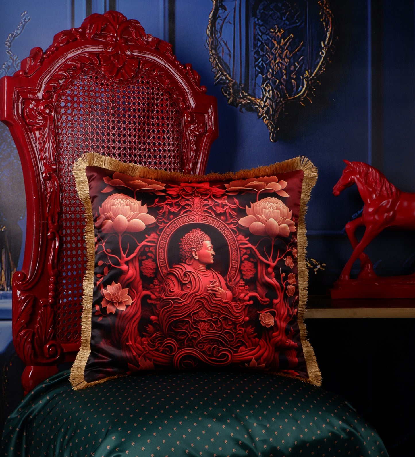 THE WHITE INK DECOR Premium Satin Royal Imperial Printed Cushion Cover with Fringe Edging and Concealed  Lifestyle