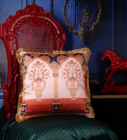 THE WHITE INK DECOR Premium Satin Royal Imperial Printed Cushion Cover with Fringe Edging and Concealed  Lifestyle