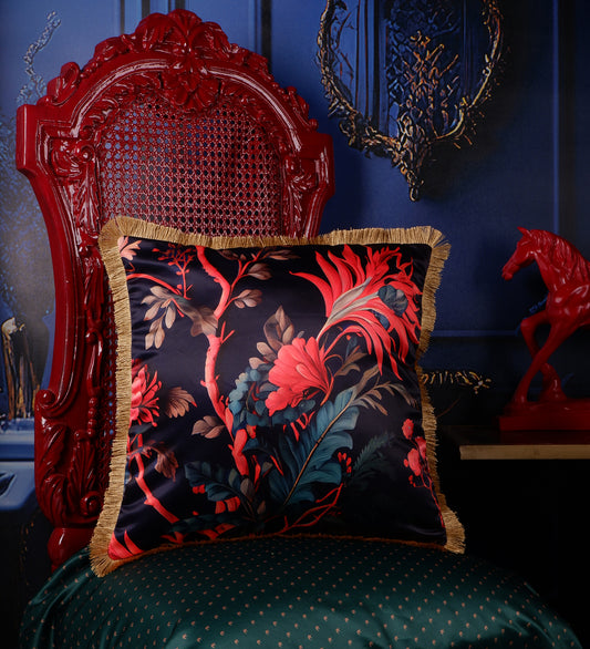 THE WHITE INK DECOR Premium Satin Floral Printed Cushion Cover with Fringe Edging and Concealed  Lifestyle