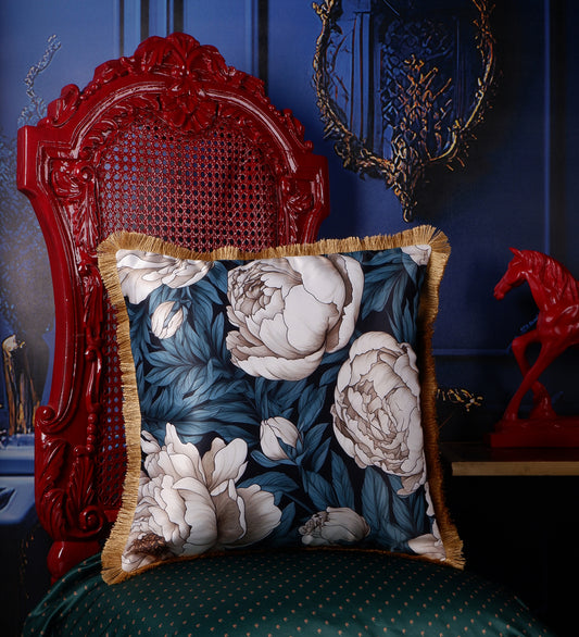 THE WHITE INK DECOR Indigo Motif with a Delicate Floral Border fine Satin Cushion Cover with Fringe Edging and Concealed  Lifestyle Blue