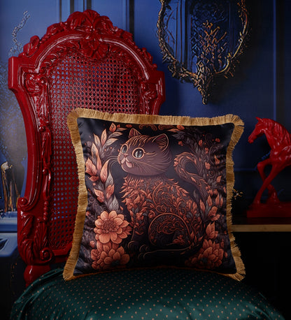 THE WHITE INK DECOR Premium Satin Cat Printed Cushion Cover with Fringe Edging and Concealed  Lifestyle