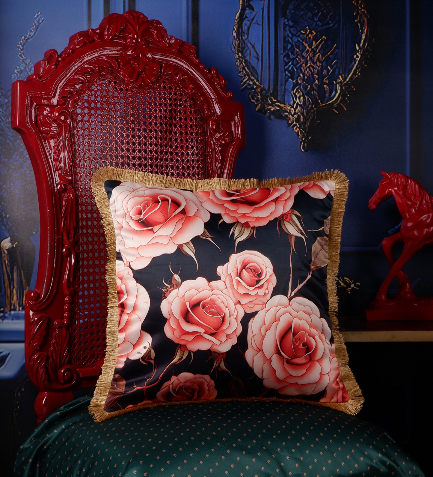 THE WHITE INK DECOR Indigo Motif with a Delicate Floral Border fine Satin Cushion Cover with Fringe Edging and Concealed  Lifestyle