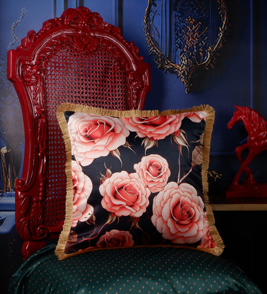 THE WHITE INK DECOR Indigo Motif with a Delicate Floral Border fine Satin Cushion Cover with Fringe Edging and Concealed  Lifestyle